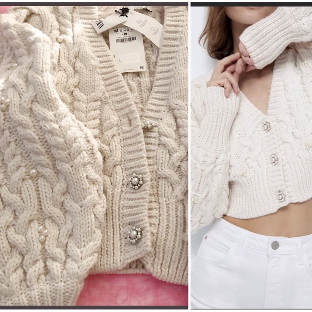 NWT ZARA CARDIGAN. Beautifully knitted with white pearls.